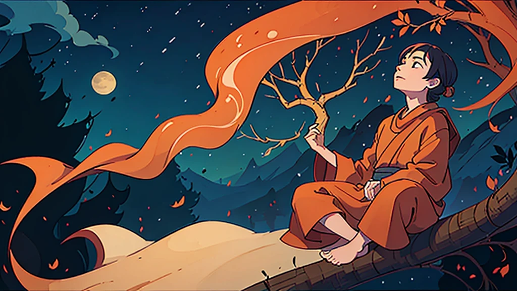 A very strong monk, wearing orange monk robes, is meditating while looking up, near a large tree with red leaves that are falling from the branches, under a full moon in the night sky.