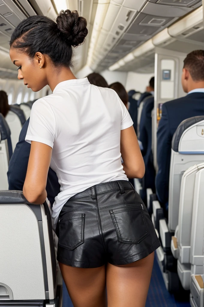 black woman, black leather short shorts, white shirt, hair in a bun, on a plane bending over going through her pocket book ultra realistic backside view