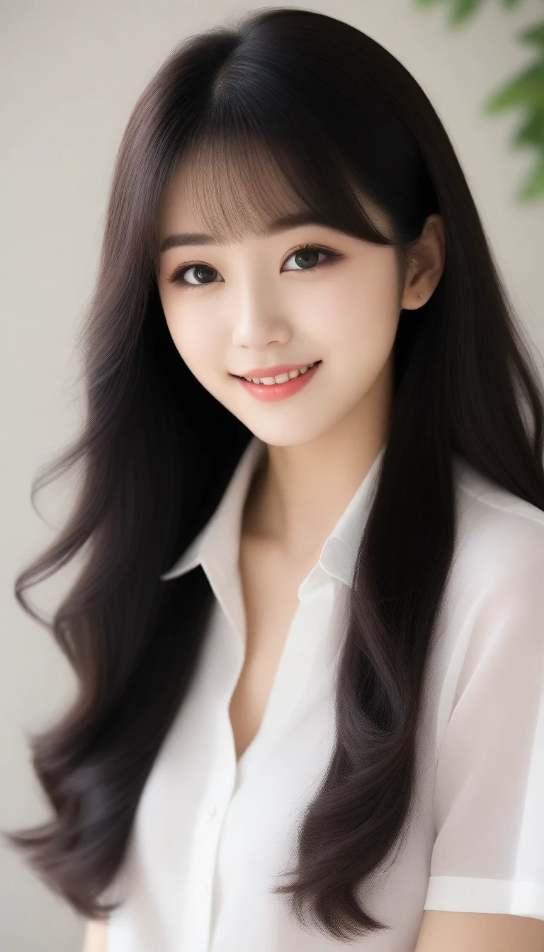 8K, Ultra-high resolution, Highest quality, masterpiece, 三分割法によるphotograph,Surreal, photograph, 1 Girl, (16 years old:1.3), pretty girl, Cute face, Beautiful eyes in every detail, 細かくdetailedに,masterpiece,, One Girl:1.2, Japan Female Announcer,whole body、Black Hair、well-groomed eyebrows、Cute Lip Makeup,garden,erupt,summer,Shining sunlight,Blouse with collar,Pencil Skirt,Cute gestures、so beautiful,A carefree smile,Heal the heart,Blunt bangs,Looking at the audience、beauty,Long neck、Laugh a little、Please close your mouth and laugh、(((Ideal body type))),A cup small breasts :2,、Portraiture:2、Perfect Anatomy、鮮明なdetailed、detailed、Surreal、Light and shadow,Strong light
