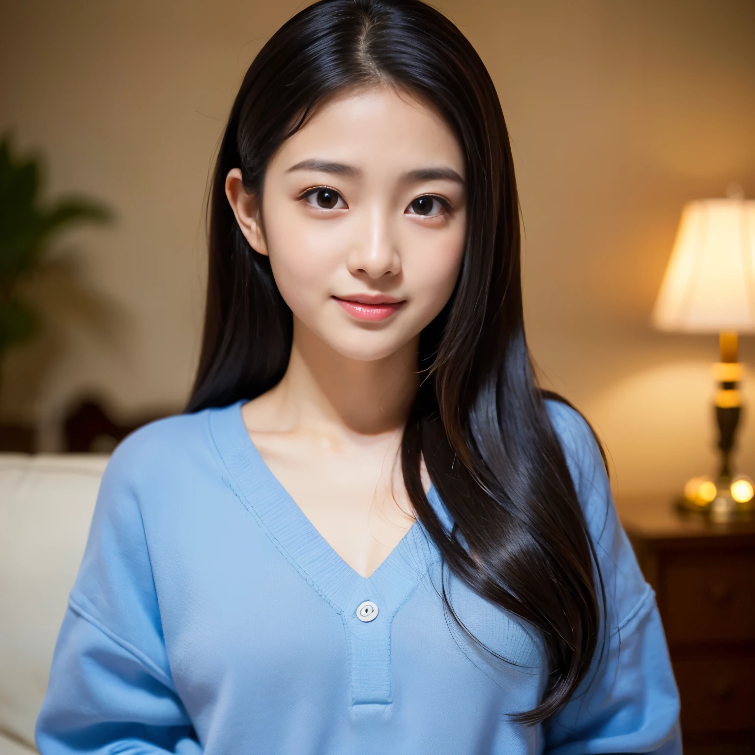 (Best-quality, Masterpiece, Ultra-High-Resolution, (Photorealistic:1.4), Raw Photo, depth of field, professional lighting, perfect anatomy, extremely details), selfie, 1girl, 15-years-old, the most famous Japanese idol, in living-room, (extremely realistic and extremely cute and extremely childish face like the most popular Japanese idol, (extremely realistic and extremely cute and extremely big eyes), extremely realistic and extremely beautiful black-long-hair, (((extremely realistic and extremely beautiful skins))), extremely realistic and extremely cute long-eyelashes, extremely realistic and extremely cute lips), ((innocent smile))