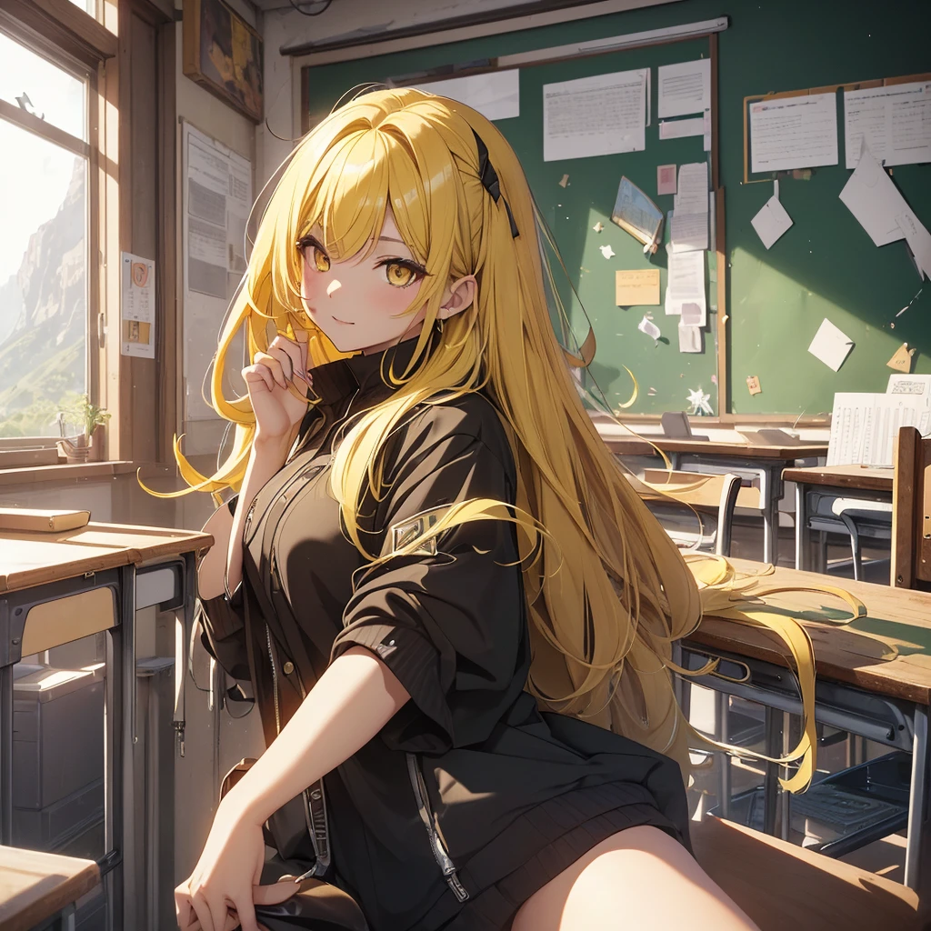 最high quality、best image quality、masterpiece、girl((20-year-old、sexy, By becomin, big bust,、thin,highest valley, snake girl, yellow eyes, hair(black, yellow locs)), high quality、beautiful art、background((classroom))、flight、debris flies、Depth of written boundary、movie、visual art、perfect art、8K,genuine、