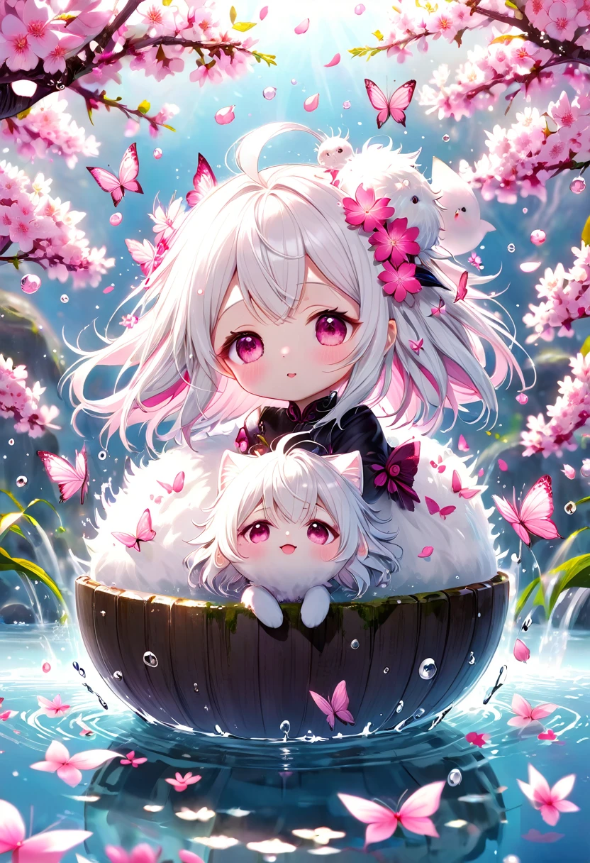 absurdres, highres, ultra detailed, HDR, master piece, best quality, extremely detailed, white hair ball with face, solo, cute, small, fantasy, magical, magic, pink butterflies, pink petals, pink flowers, water, blossoms 