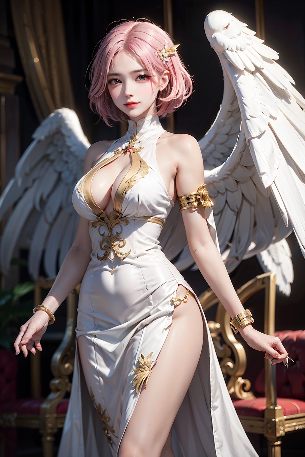 Women, early 20s, short silky pink hair with yellow tips, angel wings, gold armlet, gold bracelet, golden eyes, smug, smirk, one raised eyebrow, golden hair pins, white turtleneck greek one-shoulder fine silk dress, standing up.
