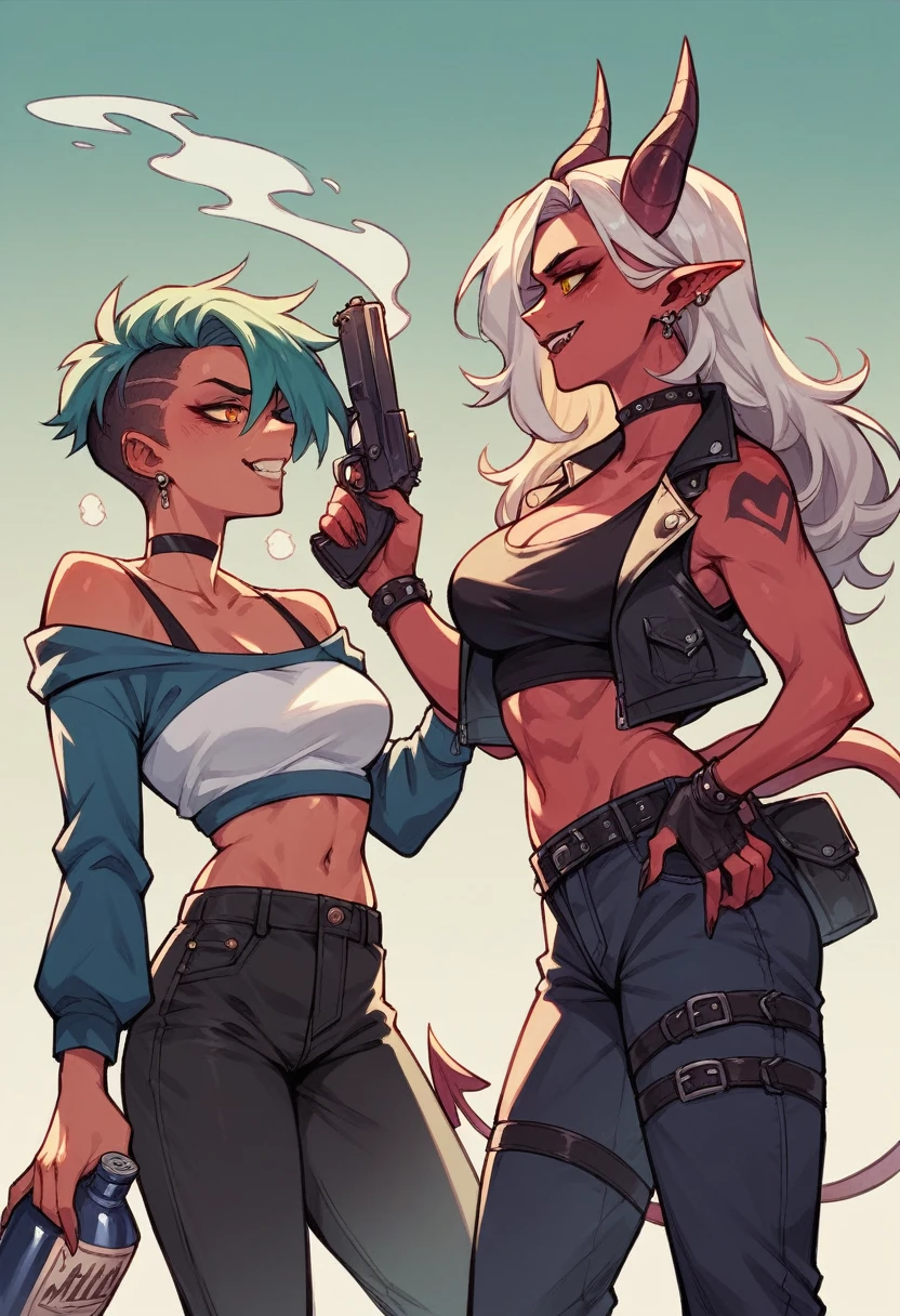 em estilo d&d, A woman with demon horns, she is an inventor. She has a steam punk look wearing pants, Have a deption bottle in your hand, and an old pistol in the other