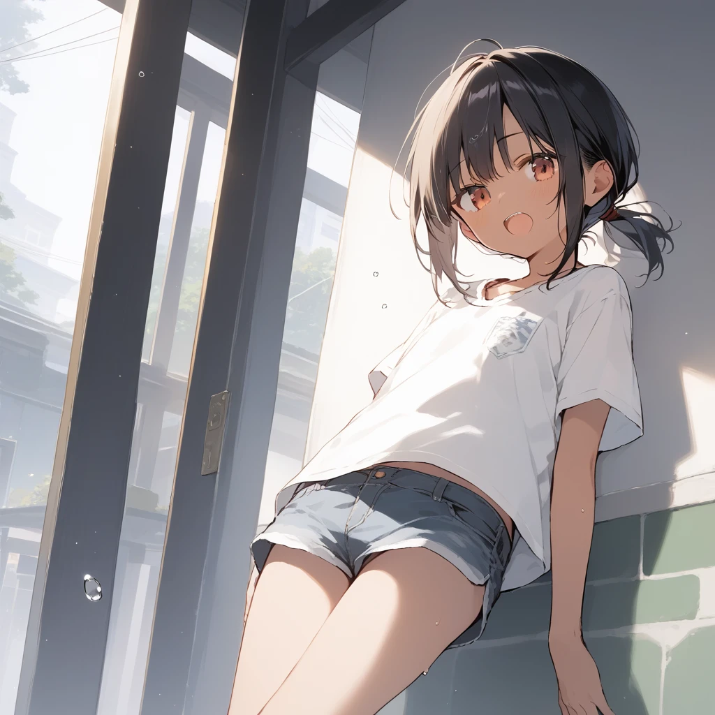 score_9, score_8_up, score_7_up, source_anime, best quality, masterpiece, official art, absurdres, highres, ultra-detailed,waifu2x,Collection: Slice of Life,break,1girl, tomboy, dark-skinned female, short hair, low ponytail, flat chest, beautiful detailed eyes, short shorts, sweat, open mouth, (yawn:0.3), sleepily, outdoors, wind,break,(clear line illustration:1.2), super detailed skin,very high resolution, very aesthetic, Best sexual lighting powered by famous artist, 8k,cute picture,beauty illustration,photoshop_(medium),,(Detailed Lighting),best anime 8k konachan wallpaper, pixiv contest winner,