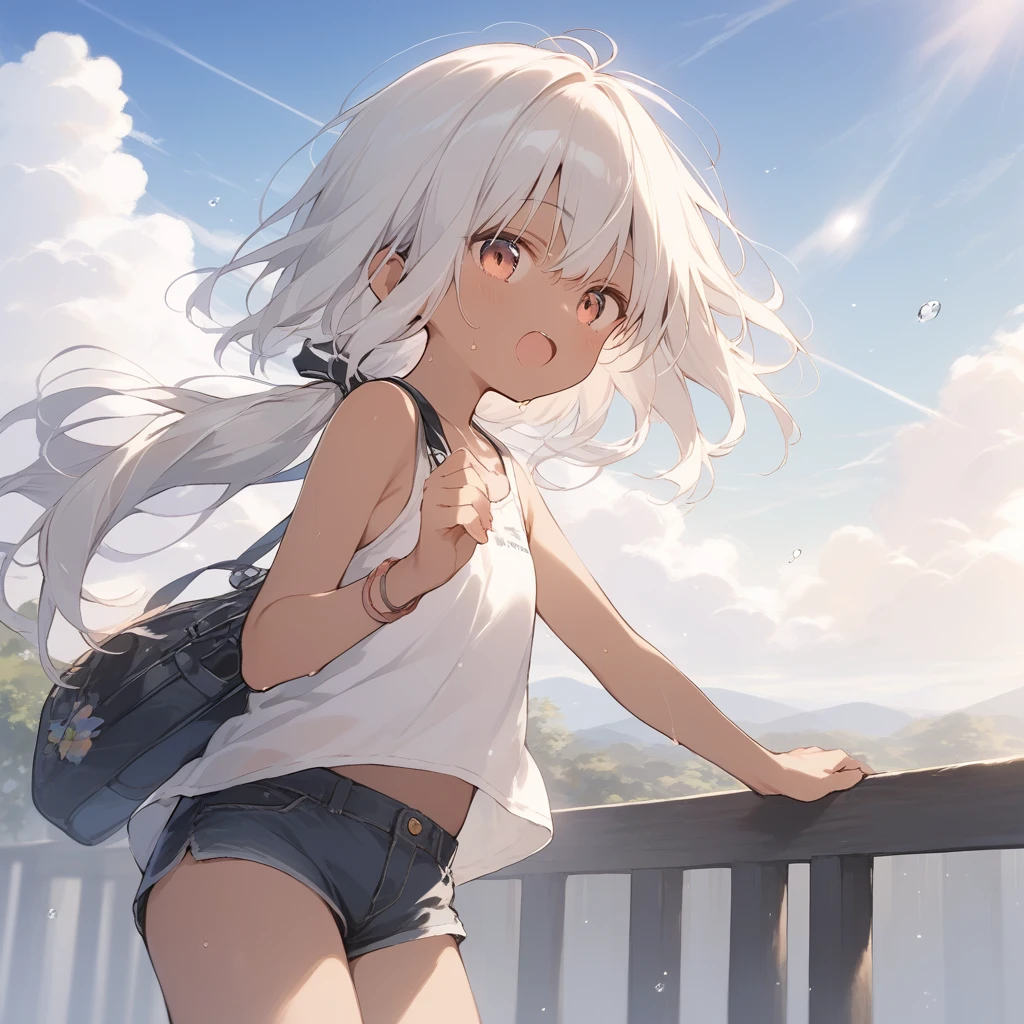 score_9, score_8_up, score_7_up, source_anime, best quality, masterpiece, official art, absurdres, highres, ultra-detailed,waifu2x,Collection: Slice of Life,break,1girl, tomboy, dark-skinned female, short hair, low ponytail, flat chest, beautiful detailed eyes, short shorts, sweat, open mouth, (yawn:0.3), sleepily, outdoors, wind,break,(clear line illustration:1.2), super detailed skin,very high resolution, very aesthetic, Best sexual lighting powered by famous artist, 8k,cute picture,beauty illustration,photoshop_(medium),,(Detailed Lighting),best anime 8k konachan wallpaper, pixiv contest winner,