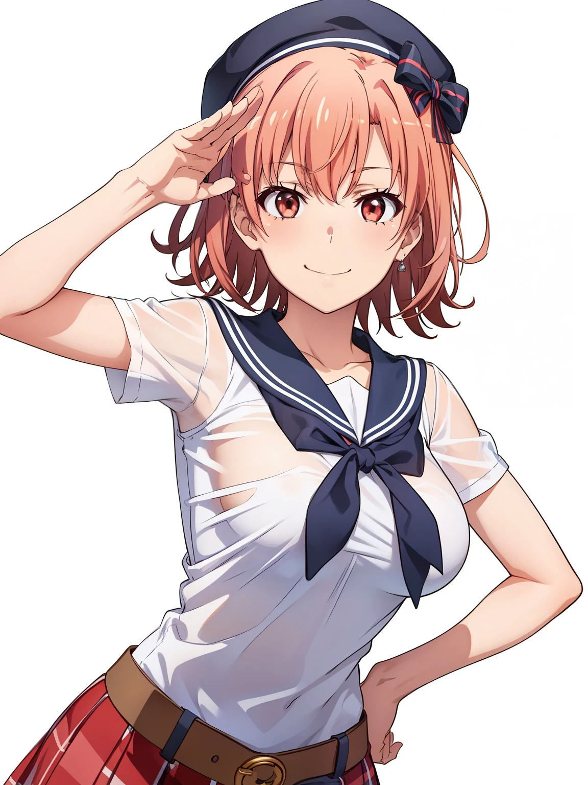 ((masutepiece, Best Quality, hight resolution, nffsw, Perfect Pixel, depth of fields, 4K, )), 1girl in, Solo, , Beautiful anime girl, Beautiful Art Style, close up, Looking at Viewer, Perfect body, Yuigahama Yui, Short hair, pink hair, hairbun, hair braid, (large boob), smiling, wink, winking, one eye open, see through sailor outfit, sailor hat, hand on hips, hand salute, blank white background, cowboy shot
