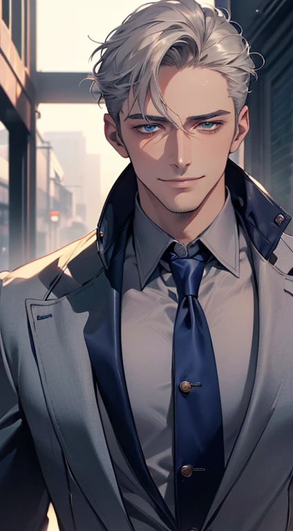 (best quality, masterpiece, 8K, photorealistic, cinematic lighting, 1:4 hdr image, ultra detailed, beautiful image), a mature man, 25 years very handsome, ((cold expression smile in love)), short grey hair, blue eyes, face perfect without mistakes, ((buttoning his jacket, CEO)), smile.