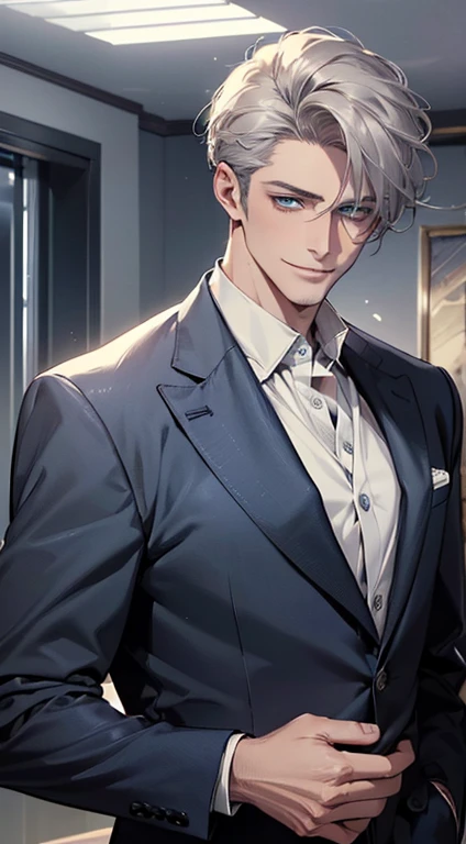 (best quality, masterpiece, 8K, photorealistic, cinematic lighting, 1:4 hdr image, ultra detailed, beautiful image), a mature man, 25 years very handsome, ((cold expression smile in love)), short grey hair, blue eyes, face perfect without mistakes, ((buttoning his jacket, CEO)), smile.