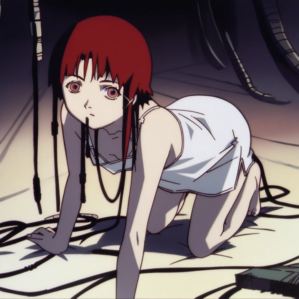 score_9, score_8_up, score_7_up, score_6_up, score_5_up, score_4_up, source_anime, rating_safe, Lain, 1girl, solo, anime screencap, looking at viewer, red eyes,  red hair, cable, white camisole, dark room, all fours, provocative body, nude, legs
