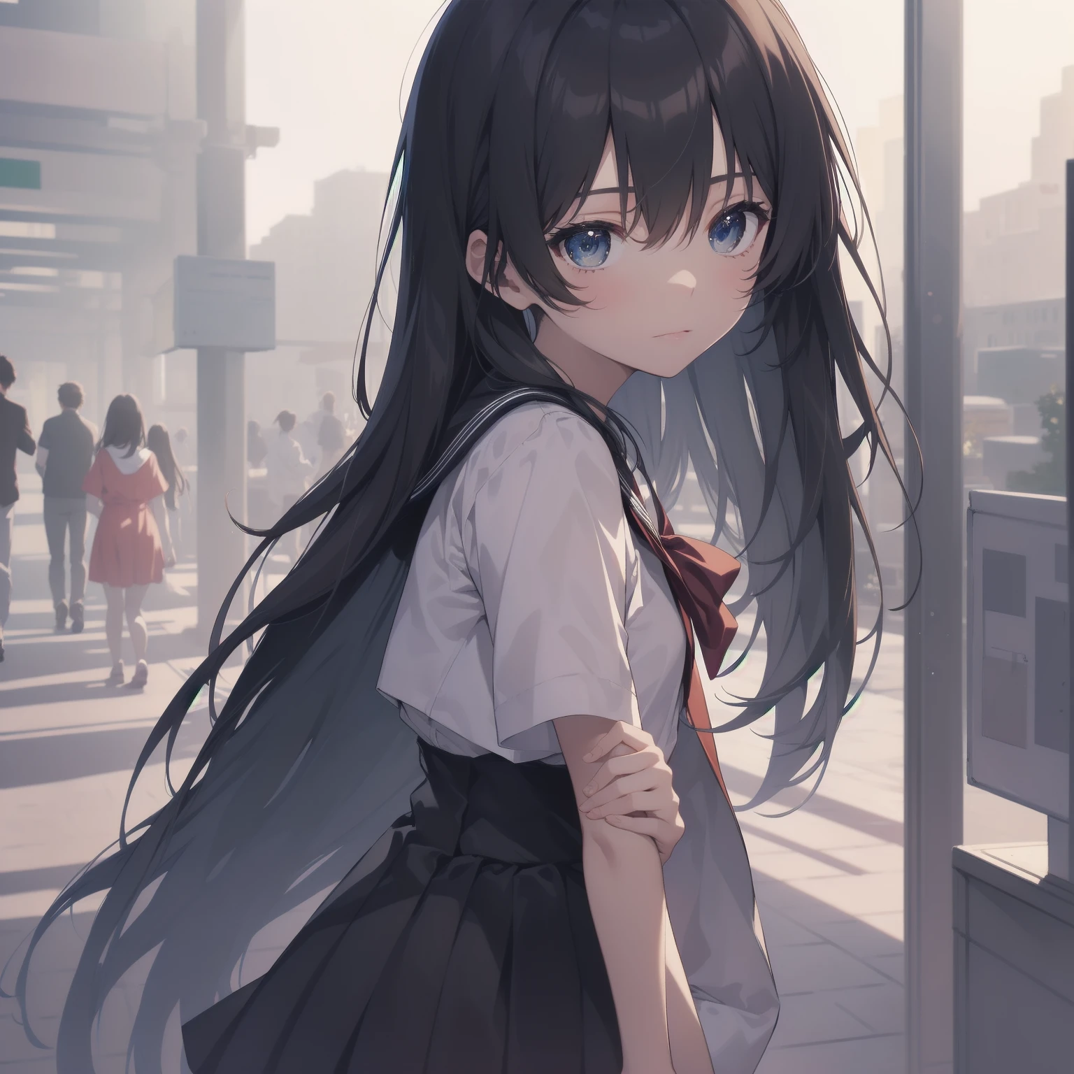 ultra-absurdres-Top quality by artist God, ultra-detailed, high resolution, anime moe artstyle, best anime 8k konachan wallpaper, pixiv contest winner, pool:2810, perfect anatomy,break, 1girl, (Please draw a girl walking sleepily to school alone. )break,(Solo,little female, 13-year-old:1.3),Full limbs, complete fingers,a junior high school student, (very short hair), short cut, flat chest, , small butt, small black eyes, beautiful detailed eyes, well-proportioned iris and pupils, expressive eyes, highres detailed hair, soft expression, salor school_uniform, sailor collar, serahuku, bow, pleated skirt,(Detailed Lighting), (Detailed background), in the School commute route. break,super detailed skin, Best cinematic lighting powered by famous artist, 8k,beauty illustration,photoshop_(medium),very aesthetic,break,((artist:hana_kazari )), artist:clamp ,artist:carnelian ,artist:kantoku ,