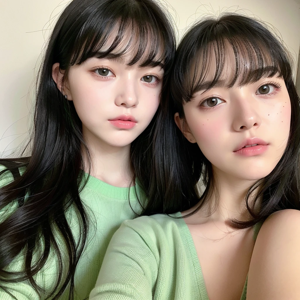 Pale teenage girl with black hair and bangs above her eyebrows, with small pink lips and a potato nose and light green eyes, taking photos distracts you