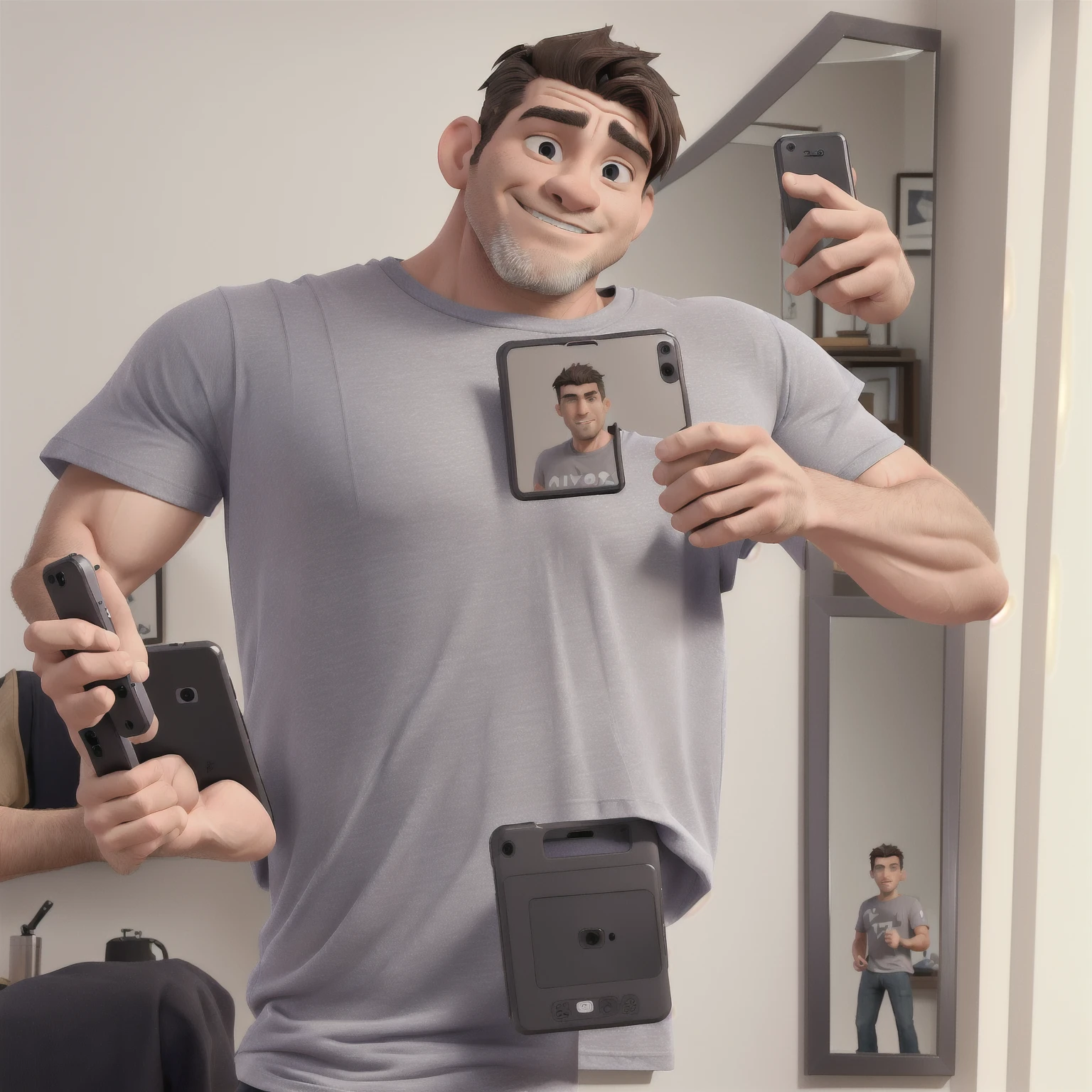 chiseled man taking a selfie in the mirror with a cell phone, (age 38), wearing a tshirt, wearing a tshirt muscular, photo by full body, gray shirt, shoulders can be seen, selfie of a man, about 3 , wearing pants and t-shirt, inspired by Antônio Parreiras