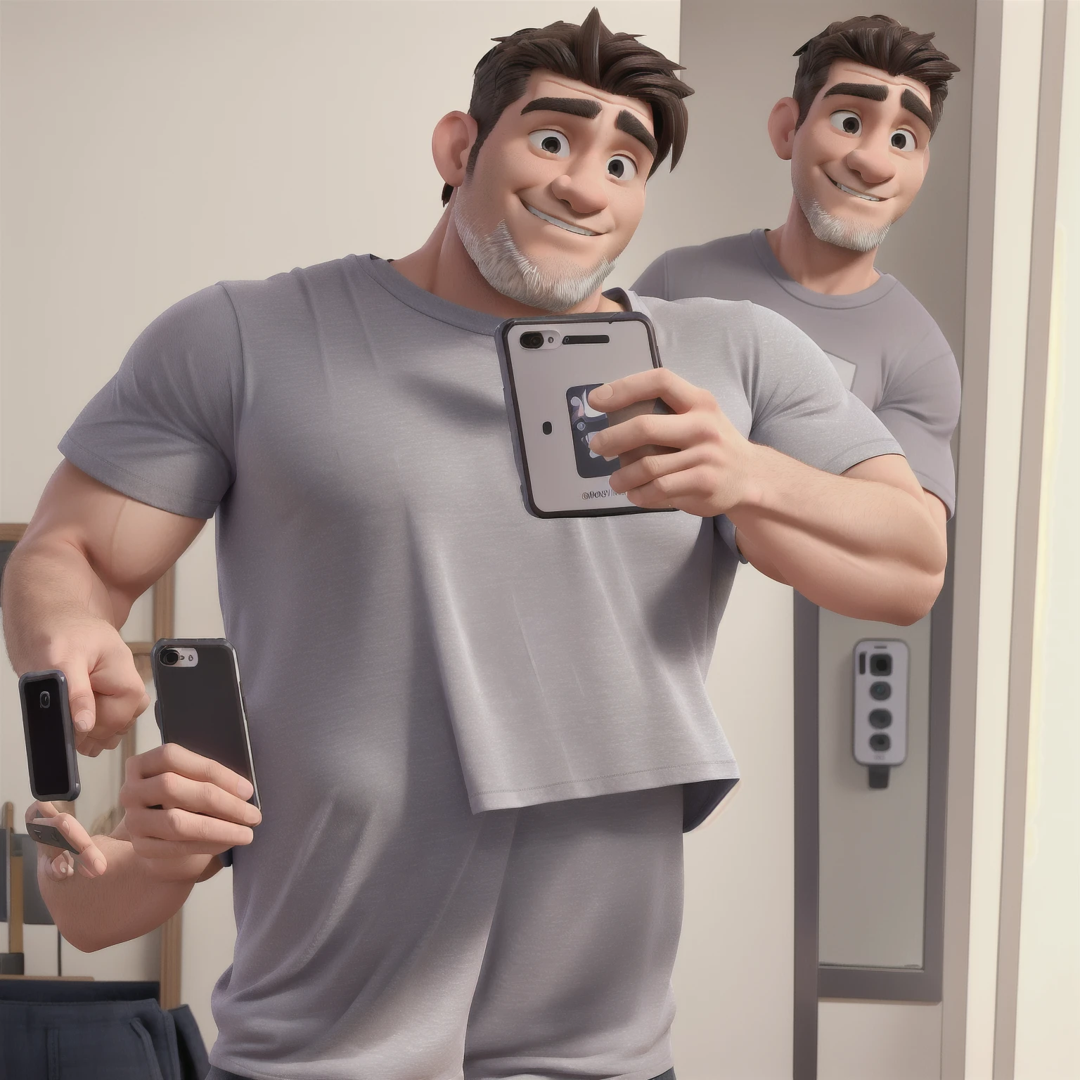 chiseled man taking a selfie in the mirror with a cell phone, (age 38), wearing a tshirt, wearing a tshirt muscular, photo by full body, gray shirt, shoulders can be seen, selfie of a man, about 3 , wearing pants and t-shirt, inspired by Antônio Parreiras
