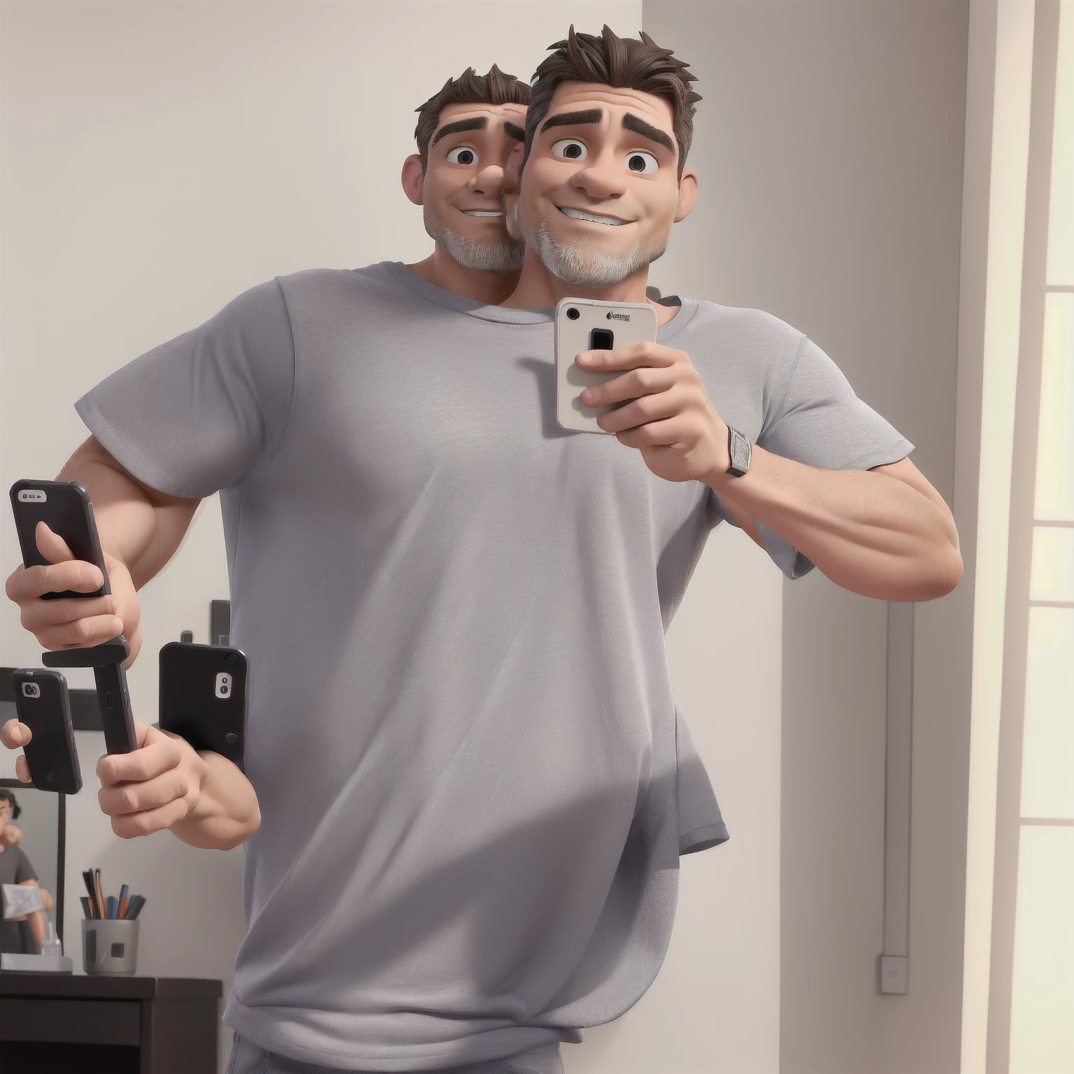 chiseled man taking a selfie in the mirror with a cell phone, (age 38), wearing a tshirt, wearing a tshirt muscular, photo by full body, gray shirt, shoulders can be seen, selfie of a man, about 3 5 years old, wearing pants and t-shirt, inspired by Antônio Parreiras