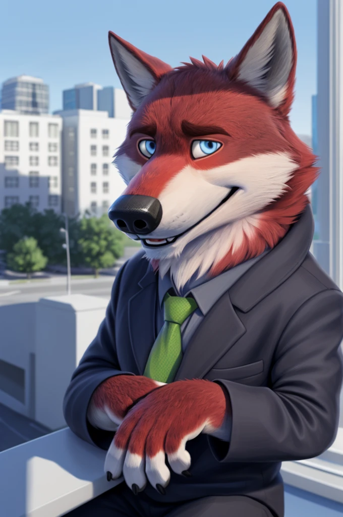 Ivan Wolfbach (сотрудник Аэропорта Domodedovo),high,Beautiful,slim,24 years,wolf, red fur,high Beautiful wolf, 24 years,(red body:1,3),beautiful blue eyes,Domodedovo, Russia, Аэропорт Domodedovo,gray shirt, green tie, black trousers,Dog, wolf, detailed fur, a male, antro, paw pads, finger claws, per viewer, 5 fingers, paws, 5 fingers, day, digital photography, soft focus, Good mood на приеме,sitting in the dentist's office, Photorealism, realistic , Photorealism, digital style, from close walks around the city, Very close to the camera, digital photography, positive smile, Good, mood, green tie, dental treatment in hospital, they don't see well, pilot patch, 4 yellow stripes on sleeves,
masterpiece, Best quality, ultra realistic, 8 k)