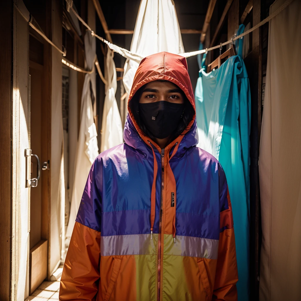 tree masked hooded young men color coridor neon liminal space cold light tamisé backroom
