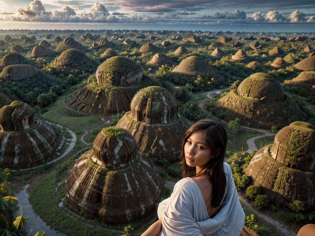 [[((Wide-angle aerial shot of the iconic Chocolate Hills in Bohol:1.6)), with their unique, rounded formations and lush greenery. The scene is set in the late afternoon with soft, natural lighting enhancing the beauty of the landscape. In the foreground, an ((attractive young Filipina woman with a captivating presence, embodying the essence of Allurist:1.6)), is exploring the area, dressed in comfortable and stylish travel attire. She is walking along a path, looking out over the hills with a sense of wonder and adventure. The focus is on the breathtaking landscape, with the woman adding a touch of human presence and adventure. The image should be in ((8K resolution:1.5)) with ((hyper-realistic detail:1.6)). The scene captures the essence of travel and exploration in the Chocolate Hills.]]