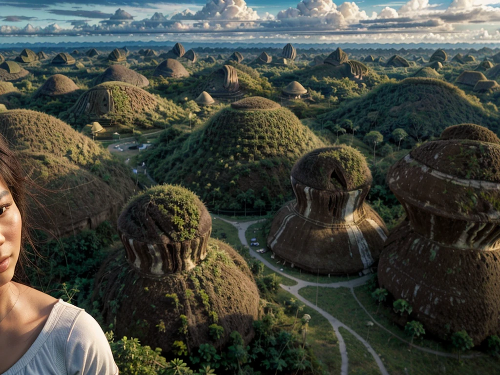 [[((Wide-angle aerial shot of the iconic Chocolate Hills in Bohol:1.6)), with their unique, rounded formations and lush greenery. The scene is set in the late afternoon with soft, natural lighting enhancing the beauty of the landscape. In the foreground, an ((attractive young Filipina woman with a captivating presence, embodying the essence of Allurist:1.6)), is exploring the area, dressed in comfortable and stylish travel attire. She is walking along a path, looking out over the hills with a sense of wonder and adventure. The focus is on the breathtaking landscape, with the woman adding a touch of human presence and adventure. The image should be in ((8K resolution:1.5)) with ((hyper-realistic detail:1.6)). The scene captures the essence of travel and exploration in the Chocolate Hills.]]