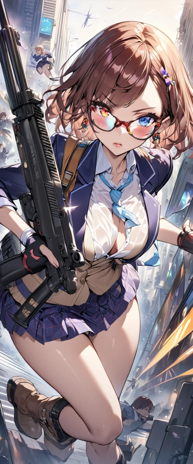 masterpiece、Highest quality、Ultra-high resolution、Maximum resolution、Very detailed、Professional Lighting、anime、woman、thin、so beautiful、high school girl、blazer、mini skirt、Equipped with a submachine gun、(((H&K MP5)))、Mischievous、Reddish brown hair、Short Hair、Earrings、Fingerless Gloves、Beautiful eyes、Gloss Lip、boots、Equipped with transparent orange shooting glasses、Equipped with a chest rig、urban combat、Attack while running at full speed、