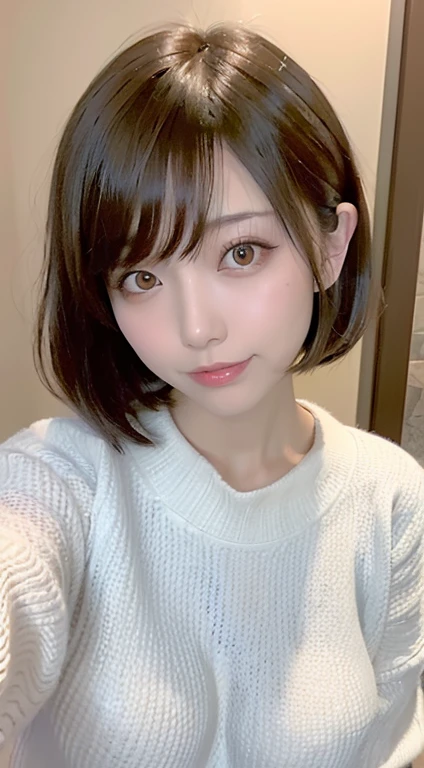 (Highest quality、、32k、masterpiece、Hmph:1.2)、Cute Japanese Women Photos、Huge boobs:1.4、Very short bob hair、Upper body、Face Focus、Extra Large_sweater、、Simple Background、From above、Looking at the audience、Cleavage:1.5、Balanced body、smile、