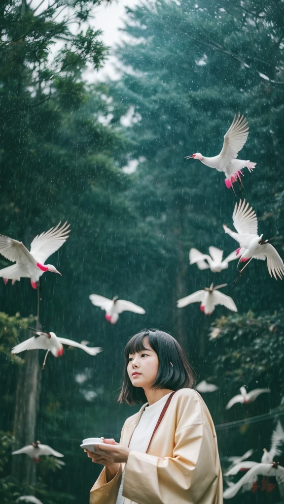 ((crane))、bird、Rainy Sky、1girl,from below