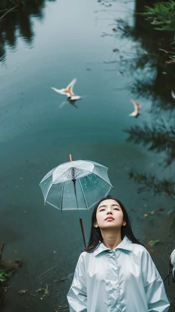 ((crane))、bird、Rainy Sky、1girl,from below