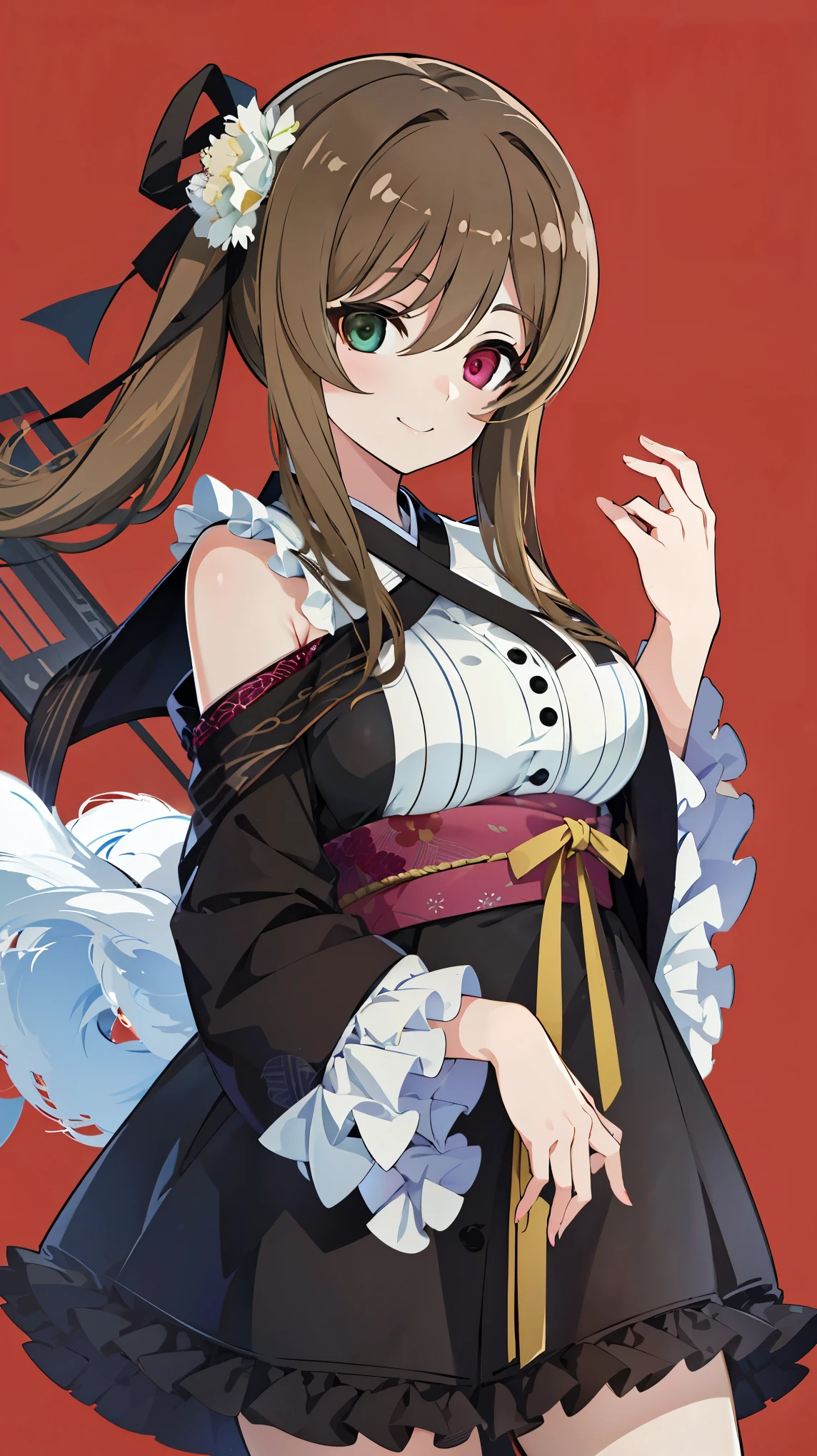 High resolution,masterpiece, Highest quality, Kuo Shenlin , heterochromia , Brown hair, smiling , (((busty))), 1girl, sensual body, Her cheeks flushed, frills kimono , kimono
