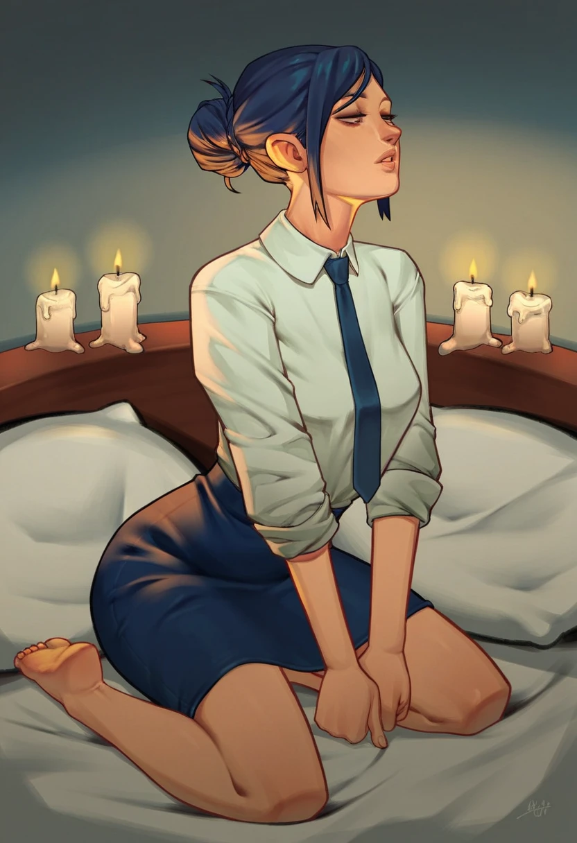 woman sexy, seducing gaze, parted lips, white shirt, tie and blue skirt, kneeling down on bed, tying your hair in a bun, night time, candles lit naked