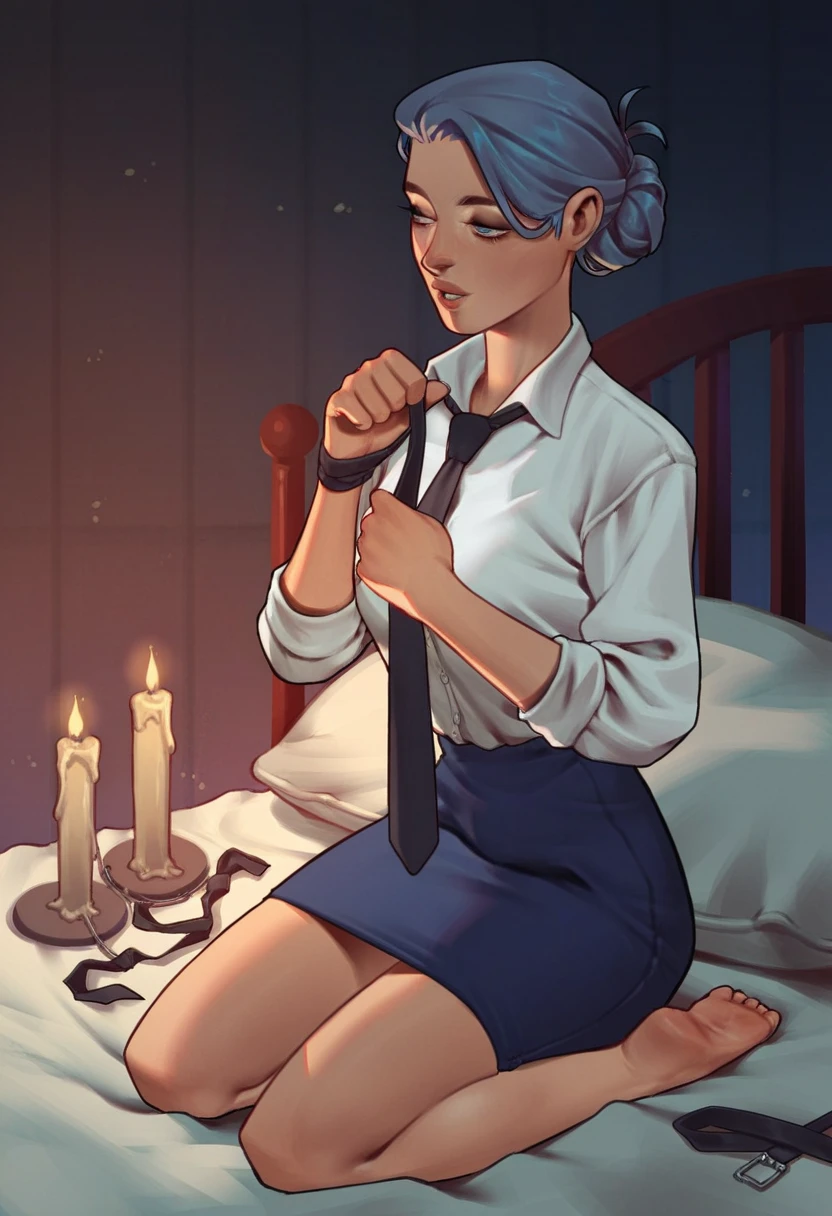 woman sexy, seducing gaze, parted lips, white  shirt, tie and blue skirt, kneeling down on bed, tying your hair in a bun, night time, candles lit naked