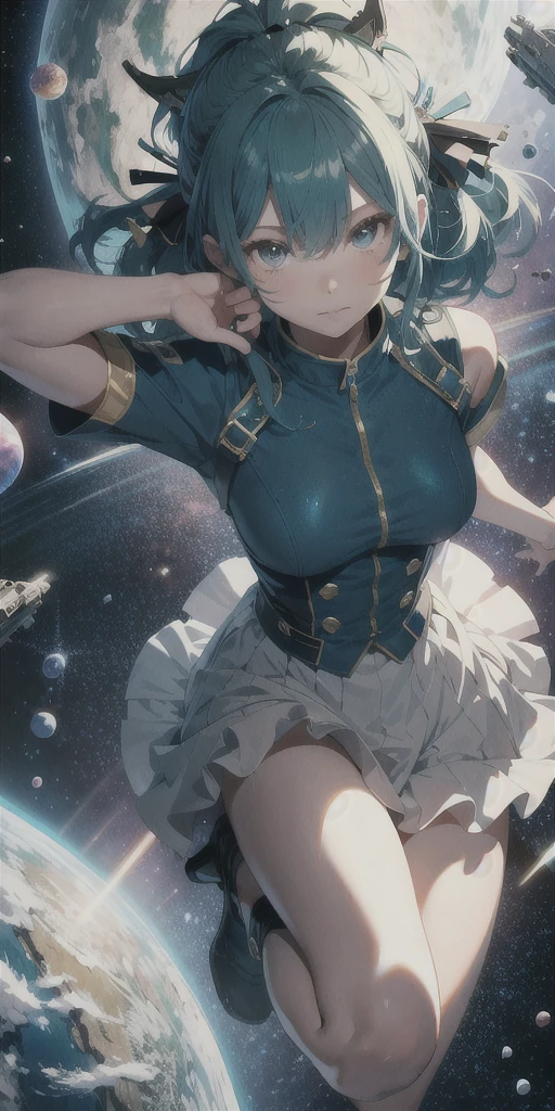 Ridiculous Resolutions, High resolution, (masterpiece:1.4), Very detailed,宇宙space,Romantic atmosphere,Blue-green hair,One girl,People are small,View from above, space, floating, - At six o'clock