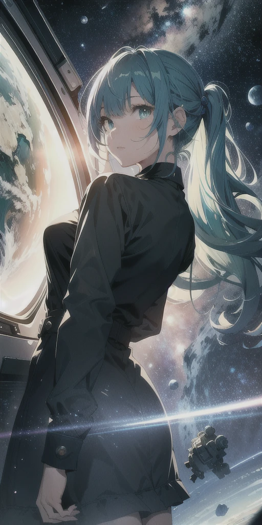 Ridiculous Resolutions, High resolution, (masterpiece:1.4), Very detailed,宇宙space,Romantic atmosphere,Blue-green hair,One girl,People are small,View from above, space, floating, - At six o'clock