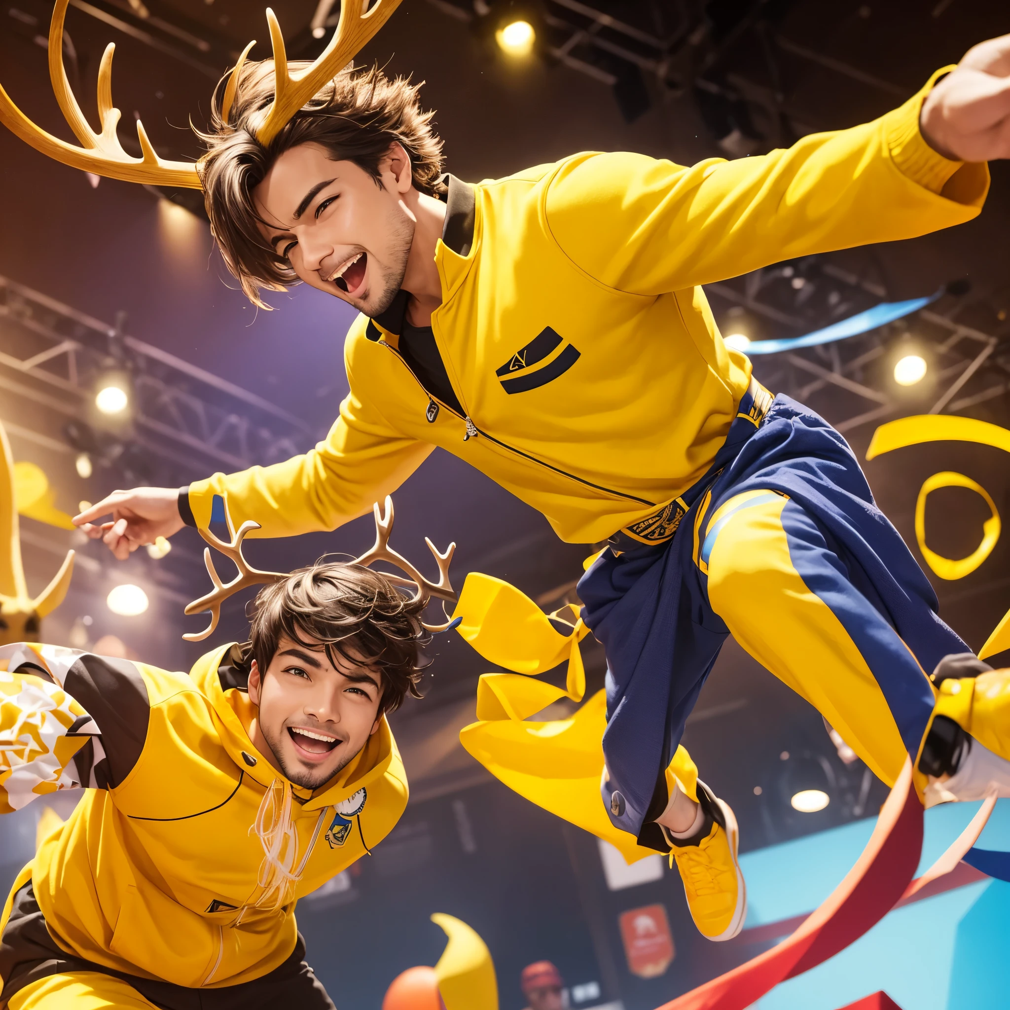 Create an image of a lively and charismatic man representing an MBTI entertainer (ESFP) type. He is wearing a bright yellow outfit that showcases his sociable and energetic nature. He has playful deer antlers growing from his head, adding a whimsical and entertaining touch to his appearance. The background should be a vibrant and festive setting that reflects his love for excitement and being the center of attention.