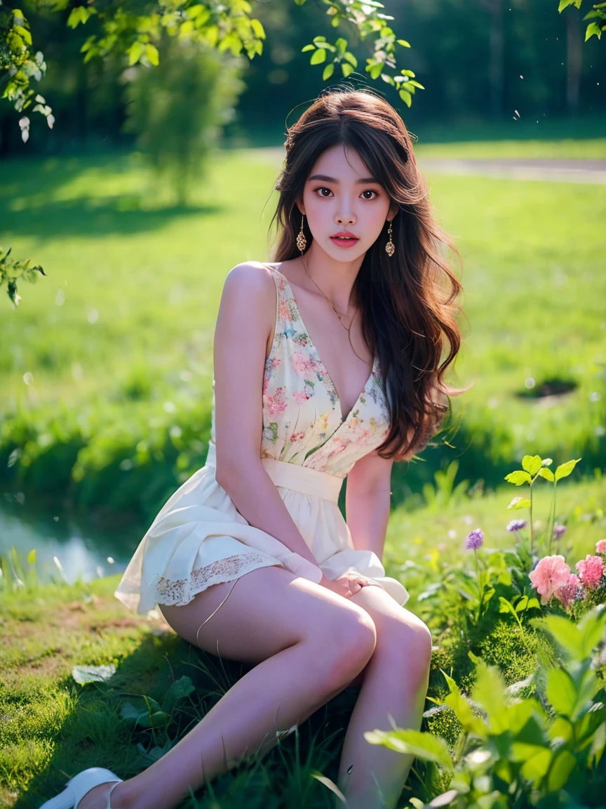 spring，1girl，((beautiful eyes))，((Perfect and refined limbs))，Sitting，在Grass地上，tent，flower，outdoor，Tree，landscape，daytime，Sky，cloud，Grass，橙flower，白flower，nature，Vague，红flower，(masterpiece，Best quality:1.2)，lifelike，Reality，梦幻般的Light芒，错综复杂的detail，Ultra Detailed，detail，High contrast，美丽细致的Light芒，Bright，更多detail，精细发Light，very fine 8K CG wallpaper，Depth of Field，Abuse of color difference，Soft colors，非常精致的Light线，眩Light，Light，Light粒子，reflection，