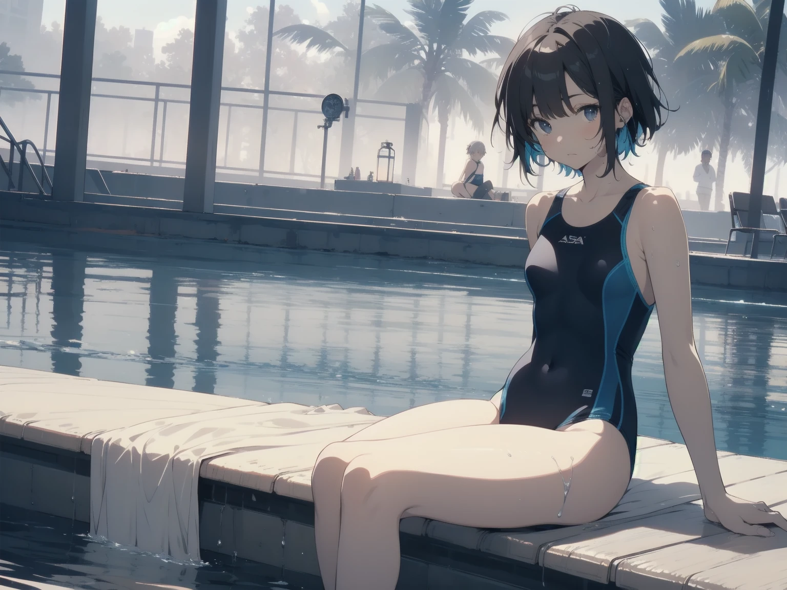 ultra-Top-quality by art God, ultra-detailed, high resolution, shinkai makoto style, anime moe artstyle, best anime 8k konachan wallpaper, pixiv contest winner, perfect anatomy, break,(Please draw a picture of a girl in a swimsuit sitting on a bench by the poolside alone.),break, a hyperrealistic school girl, parted lips, (Solo,lolita, ???, 13-year-old:1.3),Full limbs, complete fingers, androgynous charm, very short hair, wet hair, small breasts,slender body, Small butt, groin, Small black eyes,hanme,beautiful detailed eyes, well-proportioned iris and pupils, sleepily, highres detailed hair, swimsuit, wet swimsuit, bare shoulders, thighs,  in the school pool. break,dewy skin, perspiration on the skin,skin texture, fine lines, pores, natural imperfections,light reflections, glossy skin, shiny skin,break,super detailed skin, shiny skin, Best lighting powered by famous artist, 8k, illustration,UHD, textured skin,break,((artist:toosaka_asagi )), artist:clamp ,artist:carnelian ,artist:kantoku ,