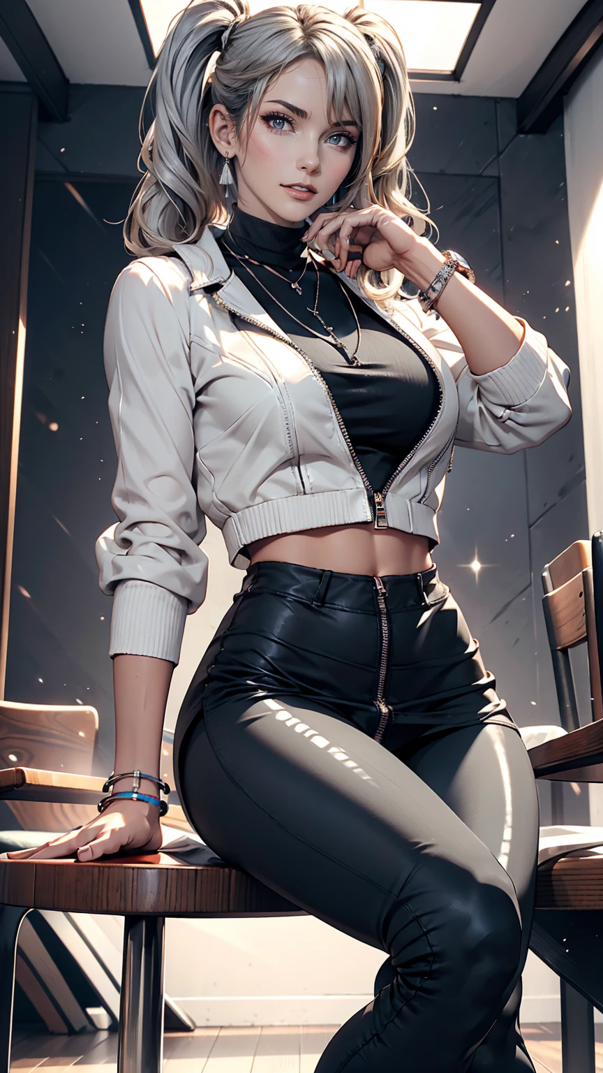Twin tails, Silver Hair,Wear high-neck zipper-up tops, Pause, cute, Look up, high quality, necklace, ring, bracelet, Earrings、Wear low rise leggings、Wear stiletto heels、