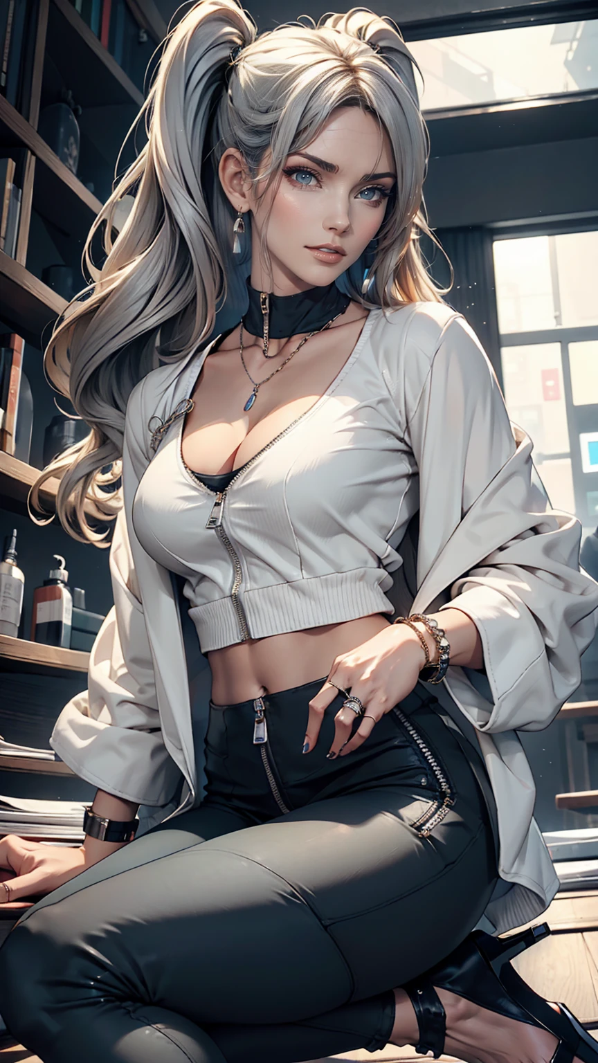 Twin tails, Silver Hair,Wear high-neck zipper-up tops, Pause, cute, Look up, high quality, necklace, ring, bracelet, Earrings、Wear low rise leggings、Wear stiletto heels、