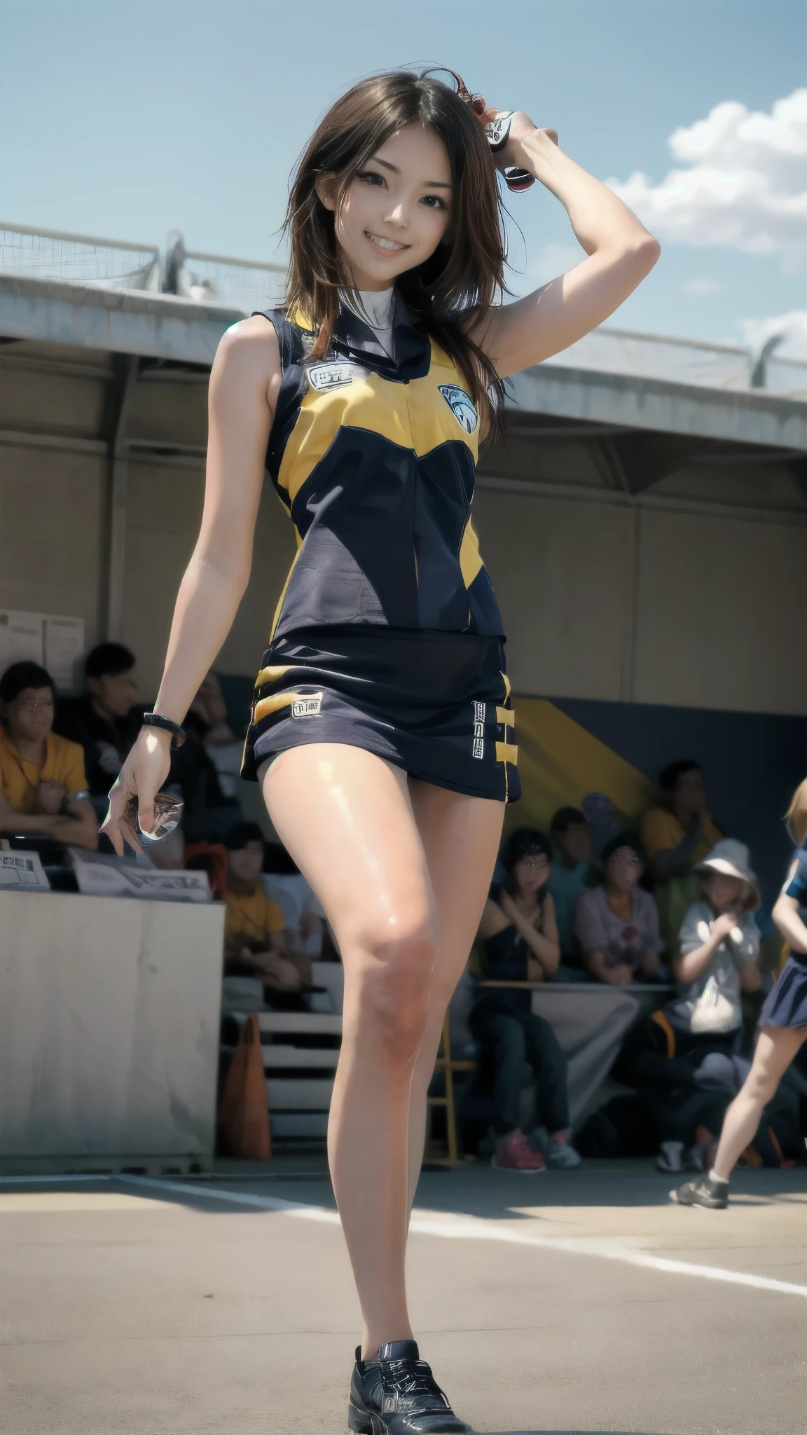 Very cute and beautiful cheerleader girl,(Very exquisite beautiful face and eyes:1.2),(Holding a pom-pom:1.2),(smile),High Kick、White panties are visible、
(Stadium Stands),Cowboy Shot,Dynamic pose,White panties,(Sleeveless orange shirt),Beautiful feet,Dynamic Angle,Black Hair,
(Highest quality,masterpiece:1.2),Intricate details,Very detailed,Super detailed,High resolution,View Viewer,
Natural light,Hair blowing in the wind,Beautifully detailed skies,