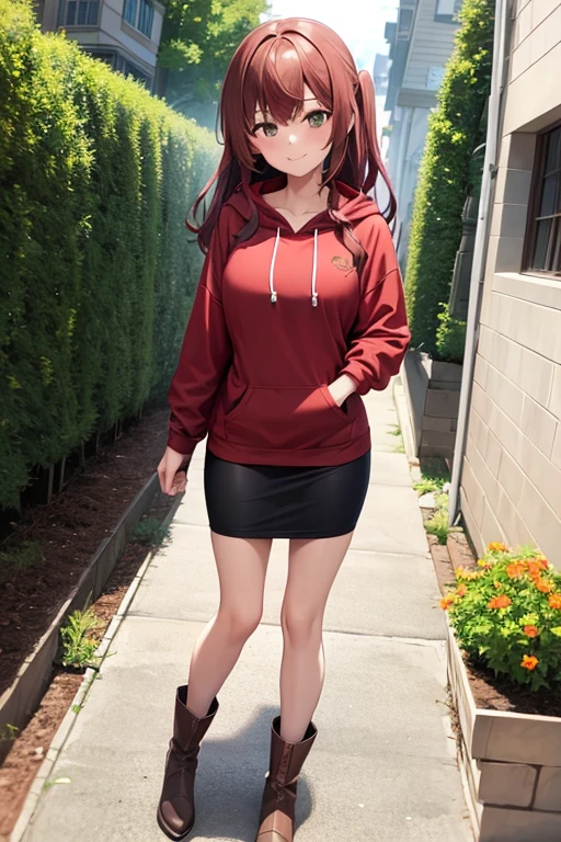 1girl, woman, red hoodie, brown jacket, black midi pencil skirt (tight), medium length skirt, long brown hair, looking at viewer, full body, smile, brown hair, blush, boots, garden, fall