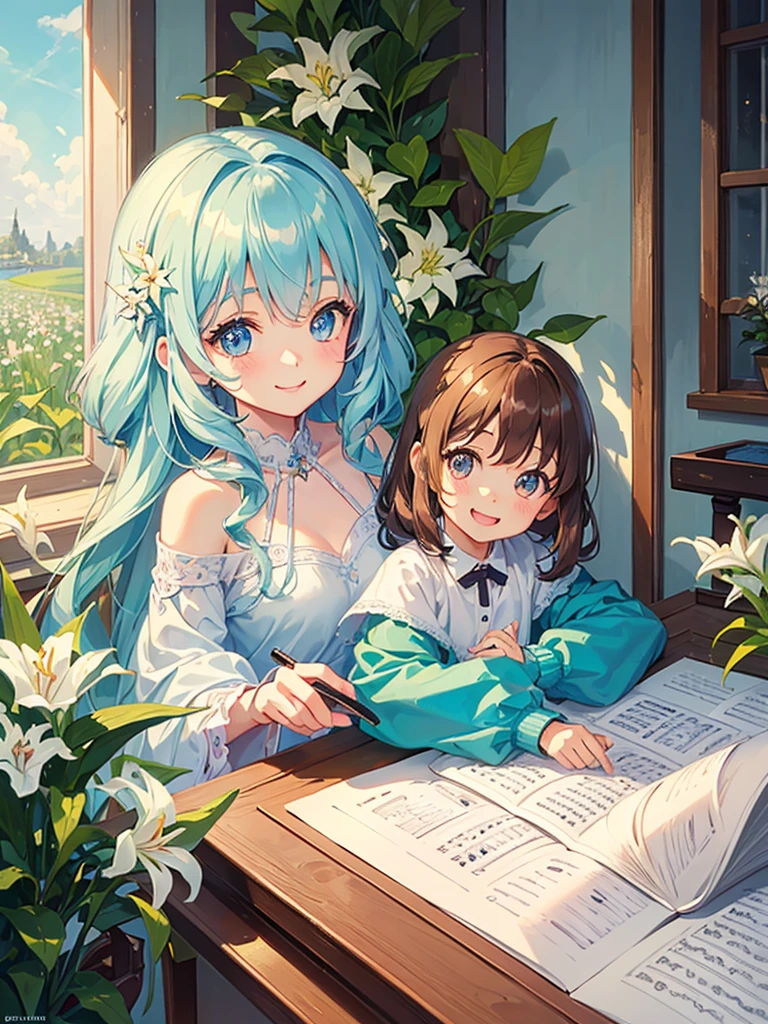 Best picture quality, detailed eyes, pen drawing with pastel coloring, lovely little 5 year old girl playing the piano, smiling very happily, amazingly large shining eyes, long eyelashes, long chestnut hair, very pretty , smiling happily, best smile, friendly and happy smile, lilies blooming outside the window,