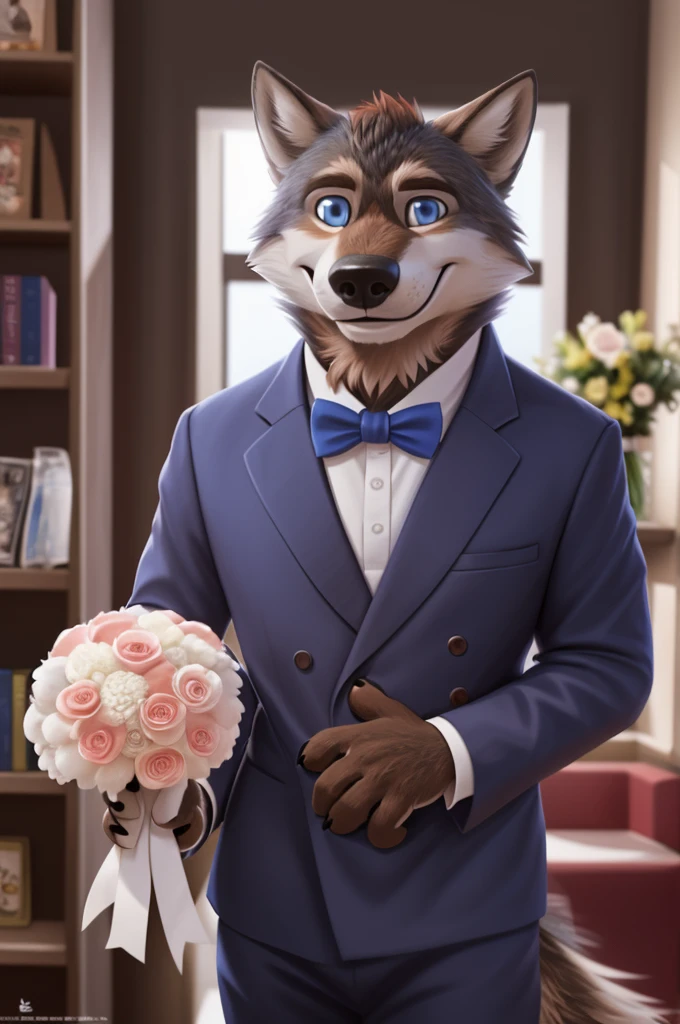 Larry (Zveropolis), wolf, Gray Fur, (brown body:1.3), beautiful blue eyes, Zveropolis, dressed, shirt,trousers,the bow tie,canine,wolf, detailed fur, male, second, paw pads, finger claws,одевает the bow tie, Games,At the viewer, 5 fingers, paws, 4 toes, in the wedding palace, groom,finger ring, holds, flowers for wife, 
BREAK from nextel, for dating, by xenoforge, (difficult, high detail,digital photography, soft focus, RAW, close to the camera, smile, positive, Good, mood, Houses, looks at the viewer, очень close to the camera, in the shop,his wedding, marriage palace combination, 
Photorealism, realistic, photorealistic,digital style, Subsurface scattering,очень close to the camera кольцо на пальце руки, 
masterpiece, Best quality, ultra realistic, 8 thousand.)