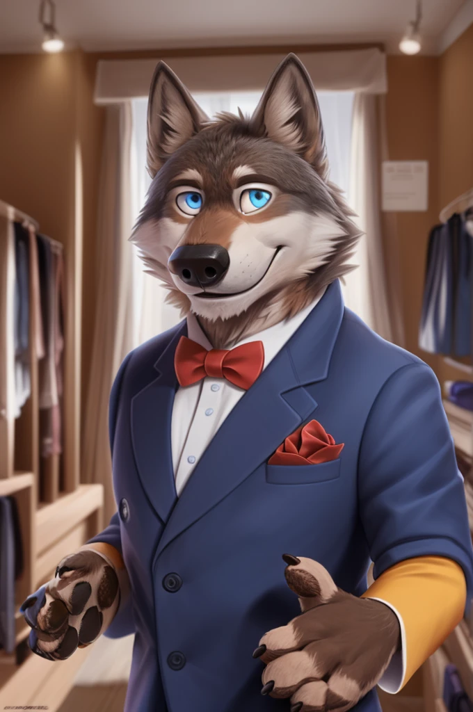 Larry (Zveropolis), wolf, Gray Fur, (brown body:1.3), beautiful blue eyes, Zveropolis, dressed, shirt,trousers,the bow tie,canine,wolf, detailed fur, male, second, paw pads, finger claws,одевает the bow tie, Games,At the viewer, 5 fingers, paws, 4 toes, in the wedding palace, groom,finger ring, holds, flowers for wife,
BREAK from nextel, for dating, by xenoforge, (difficult, high detail,digital photography, soft focus, RAW, close to the camera, smile, positive, Good, mood, Houses, looks at the viewer, очень close to the camera, in the shop,his wedding, marriage palace combination,
Photorealism, realistic, photorealistic,digital style, Subsurface scattering,очень close to the camera кольцо на пальце руки,
masterpiece, Best quality, ultra realistic, 8 thousand.)