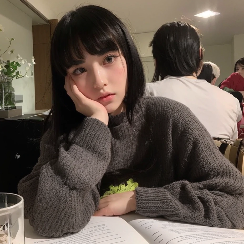 Pale teenage girl with black hair and bangs above her eyebrows, with small pink lips and a potato nose and light green eyes, taking photos distracts you