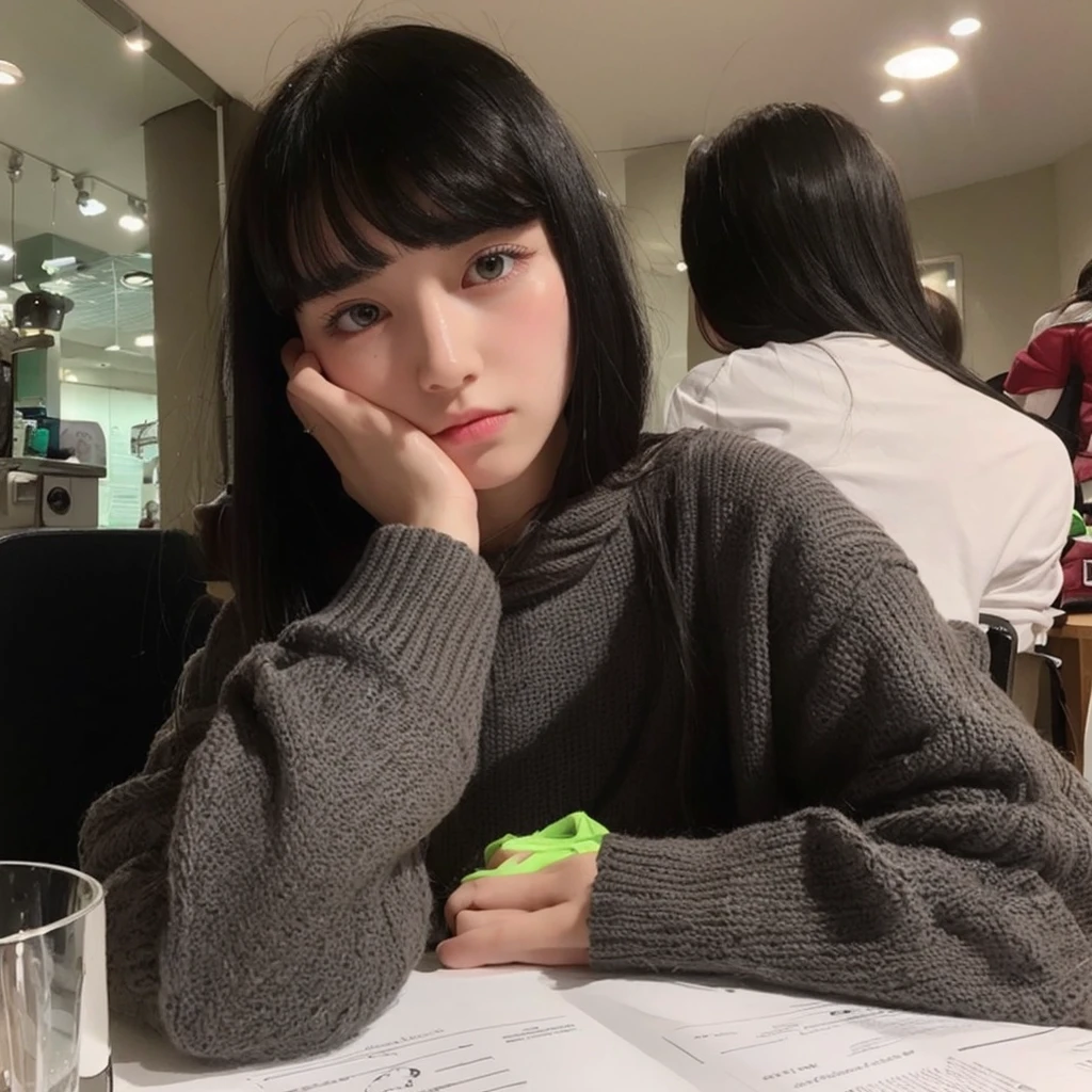 Pale teenage girl with black hair and bangs above her eyebrows, with small pink lips and a potato nose and light green eyes, taking photos distracts you