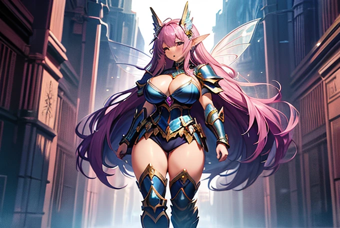 one woman, fairy girl, fairy ears, fairy wings, magenta hair, strong, firm body, thick thighs, big breasts, muscular arms, blue armor, sfw, sexy, full body, masterpiece, highly detailed, shiny armor, beauty, tall women, busty