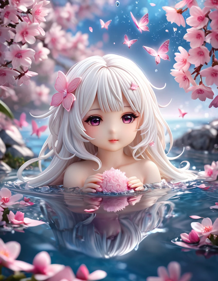 absurdres, highres, ultra detailed, HDR, master piece, best quality, extremely detailed, white hair ball with face, solo, cute, small, fantasy, magical, magic, pink butterflies, pink petals, pink flowers, water, blossoms