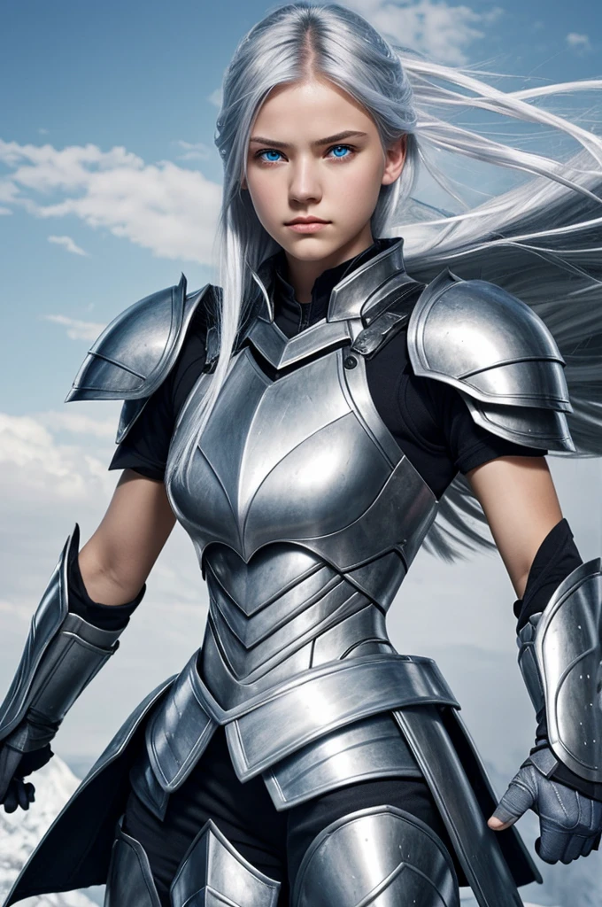 an 18 year old girl with silver hair, light gray eyes with light blue irises, a dominant look, a serious and cold face without feminine features, White skin, muscular and tough body with armor
