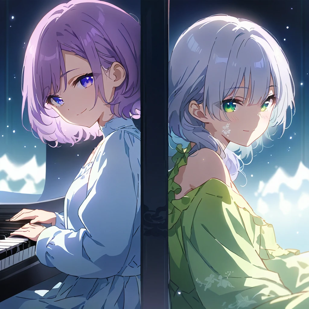 (masterpiece:1.3), anime visual, extremely delicate face, soft clean focus, realistic lighting and shading, (an extremely delicate and beautiful art:1.3),
Two girls,from side,look at viewer, one piano,Two girls are sitting side by side at a piano duet, one girl with pale purple hair and green eyes, other girl with silver hair and blue eyes, smiling,