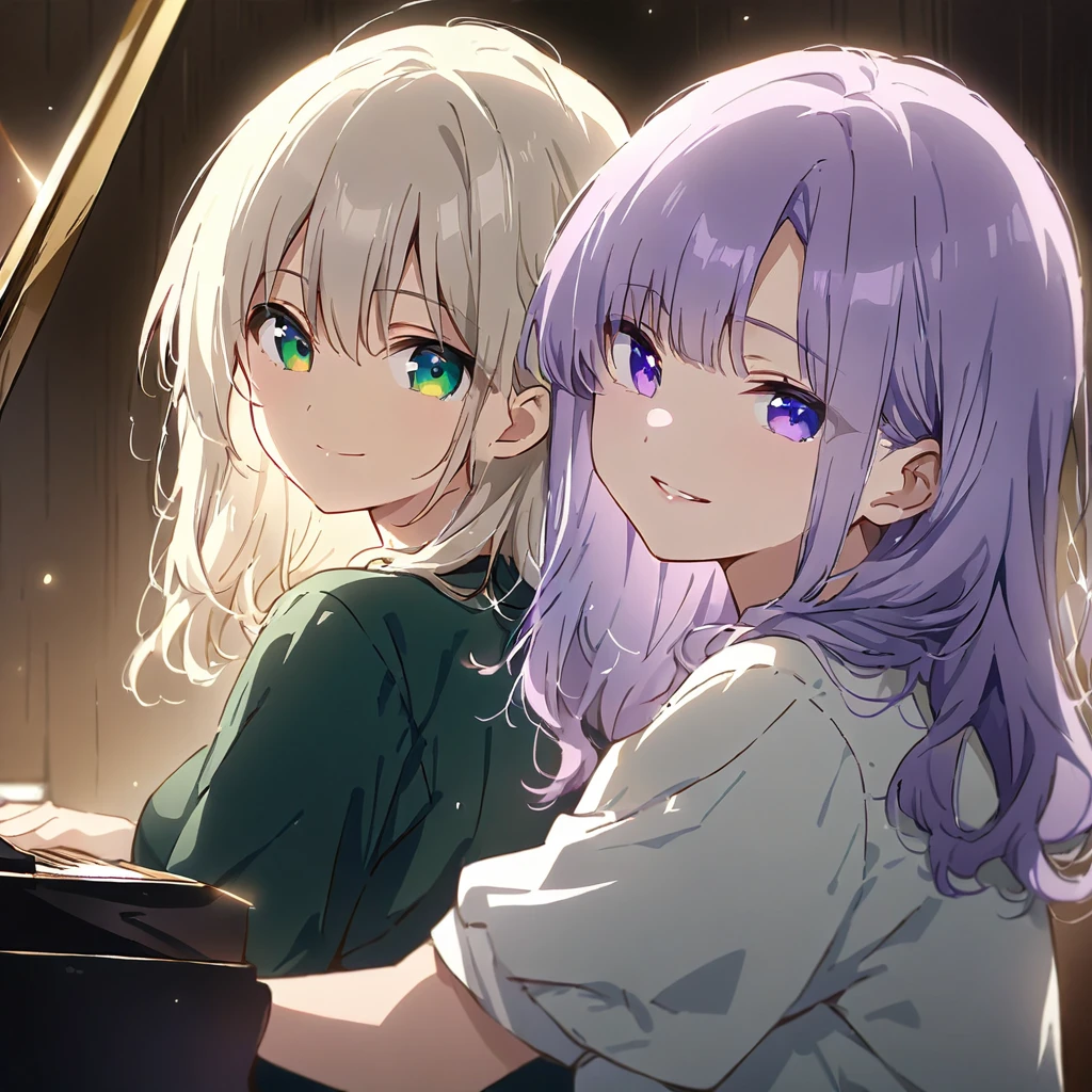 (masterpiece:1.3), anime visual, extremely delicate face, soft clean focus, realistic lighting and shading, (an extremely delicate and beautiful art:1.3),
Two girls,from side,look at viewer, one piano,Two girls are sitting side by side at a piano duet, one girl with pale purple hair and green eyes, other girl with silver hair and blue eyes, smiling,