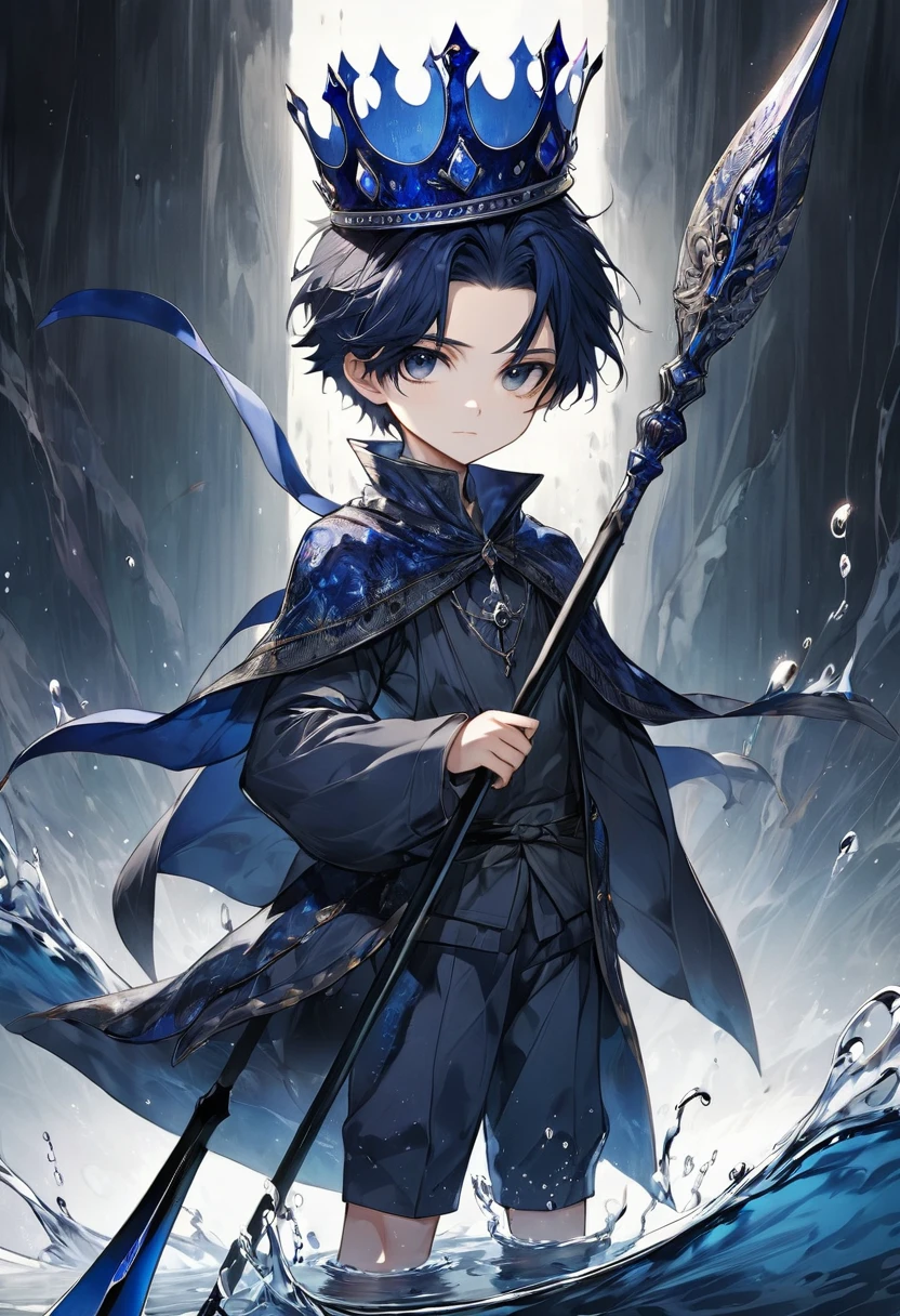 a young prince wearing an extremely detailed dark blue crown made of murky water holding a spear with a dark blue blade